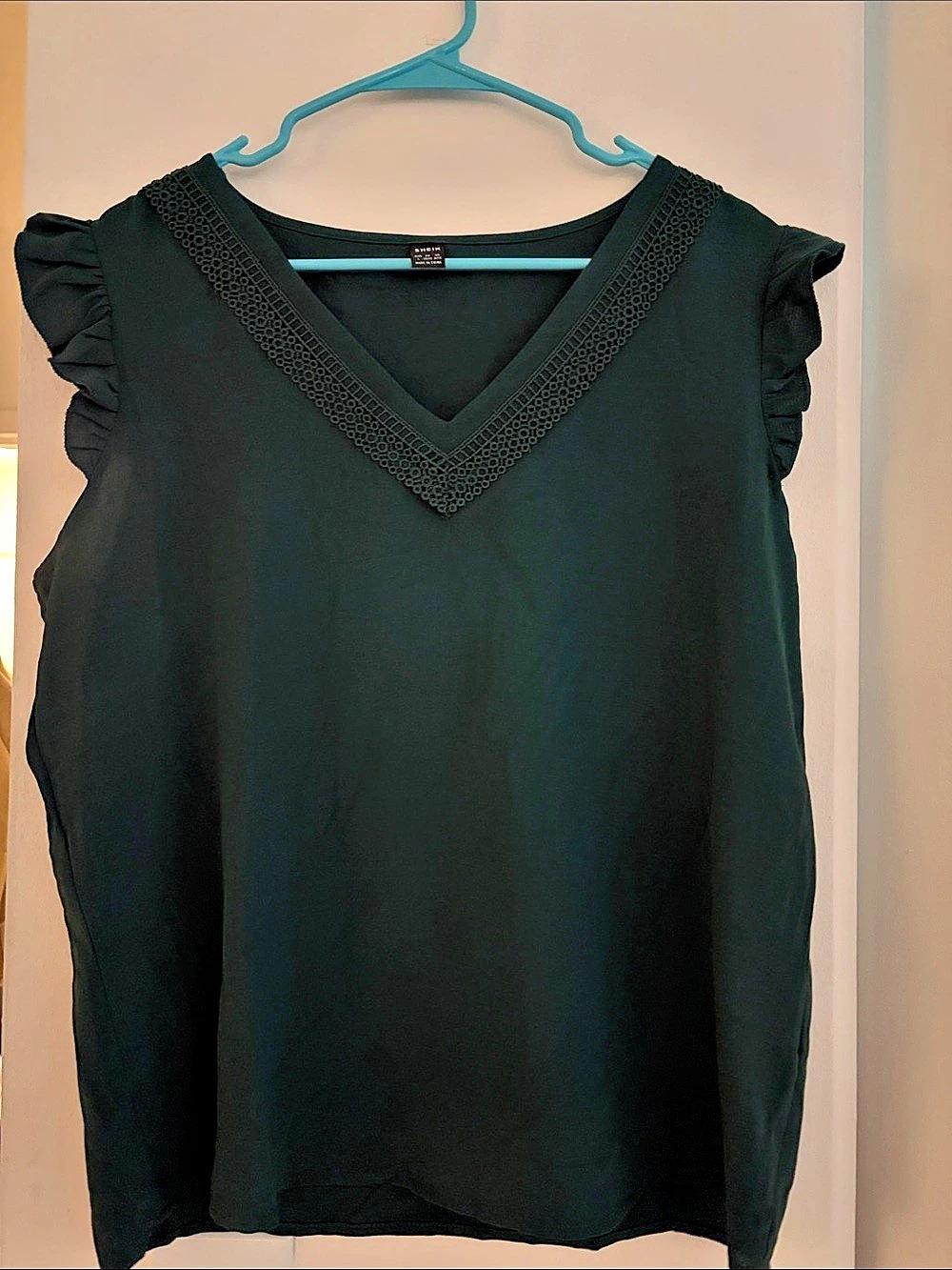 SHEIN Black Ruffle Sleeve V-Neck Top